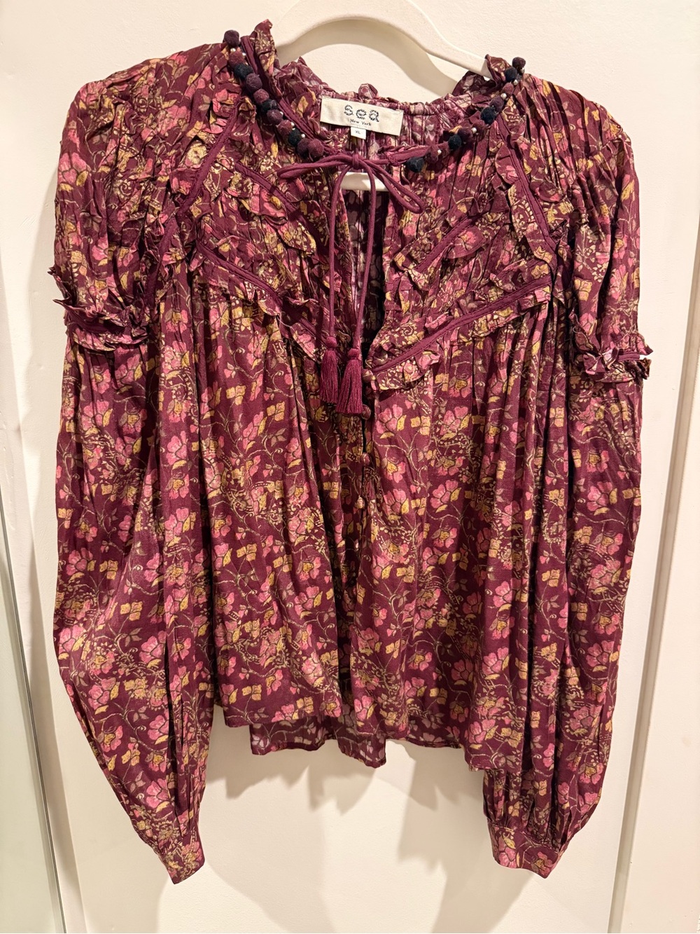 Sea New York Burgundy Floral Tassel Tie-Neck Blouse